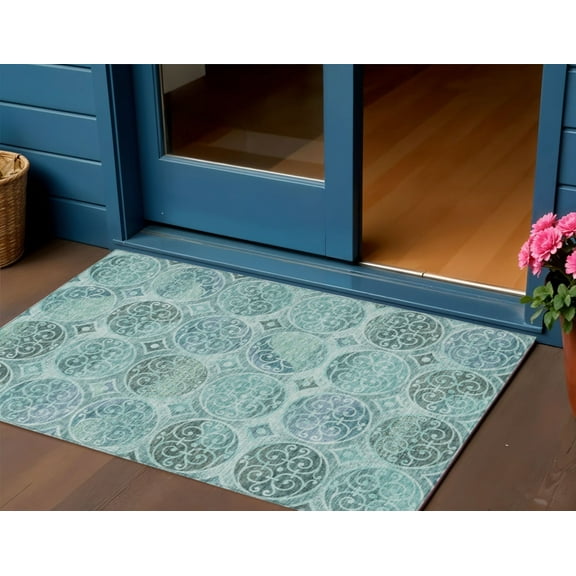 3' X 5' Teal Blue And Aqua Trellis Washable Indoor Outdoor Area Rug