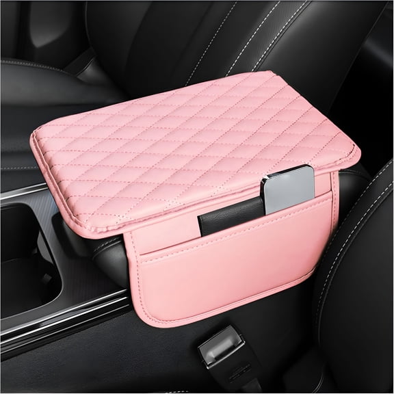 RIONIMA Car Center Console Cover, Microfiber Leather Car Armrest Cover Cushion with 2 Storage Bags, Universal Car Armrest Storage Box (Pink)