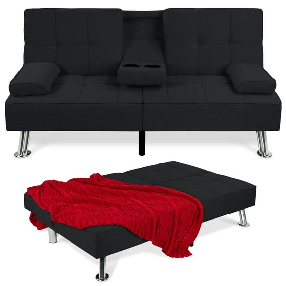 Best Choice Products Modern Linen Convertible Futon Sofa Bed w/ Metal Legs, 2 Cupholders