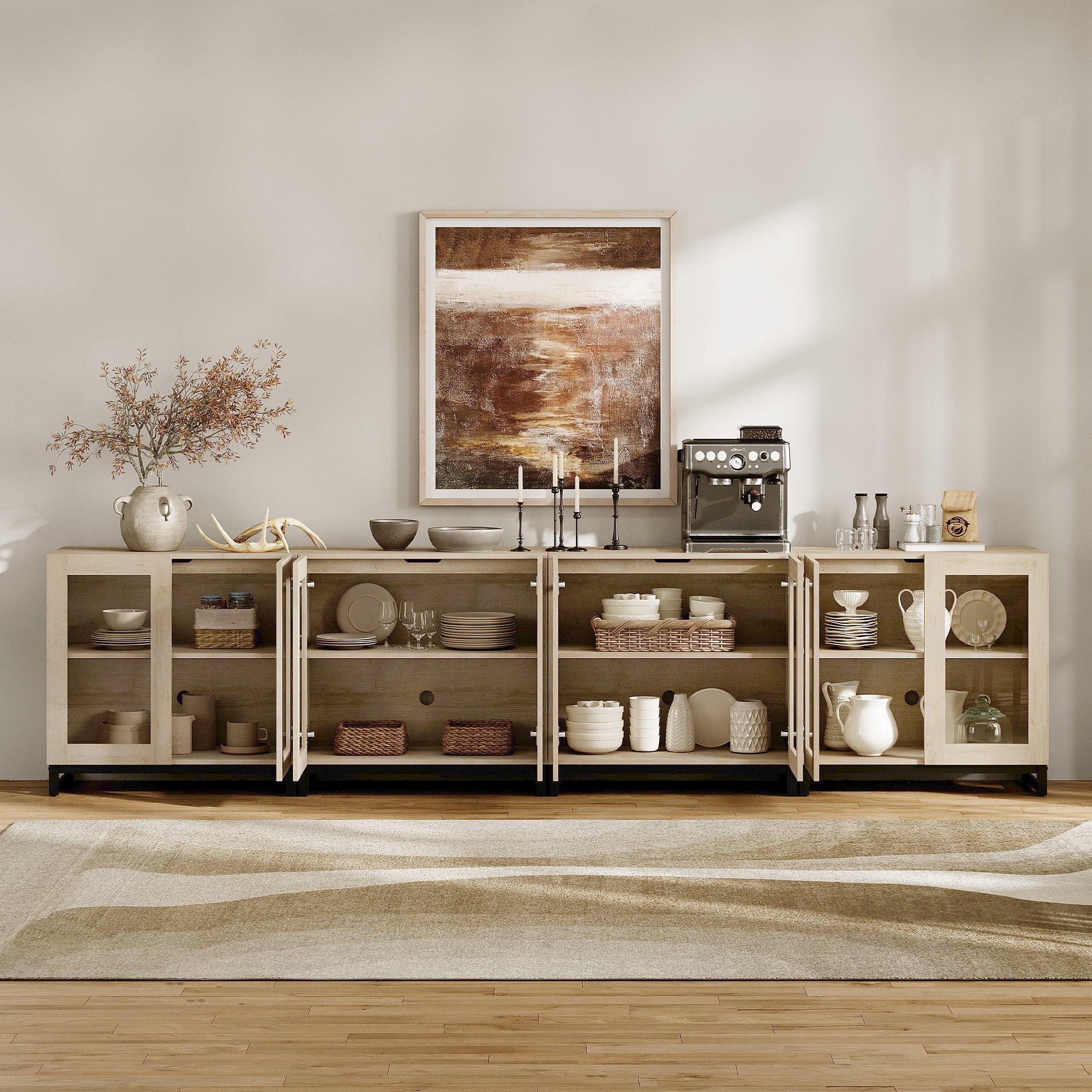 Modern 4-in-1 Modern TV Stand, Tempered Glass Doors Entertainment Center with Adjustable Shelves & Sturdy Metal Base, Media Console for up to 120 Inch TVs, Beige
