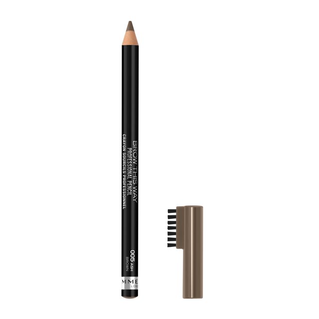 Rimmel Brow This Way Professional Pencil in 005 Ash Brown with a sharpened black pencil and separate brown cap featuring a built-in brush, ideal for filling and grooming eyebrows to achieve a natural, refined look with easy blending.