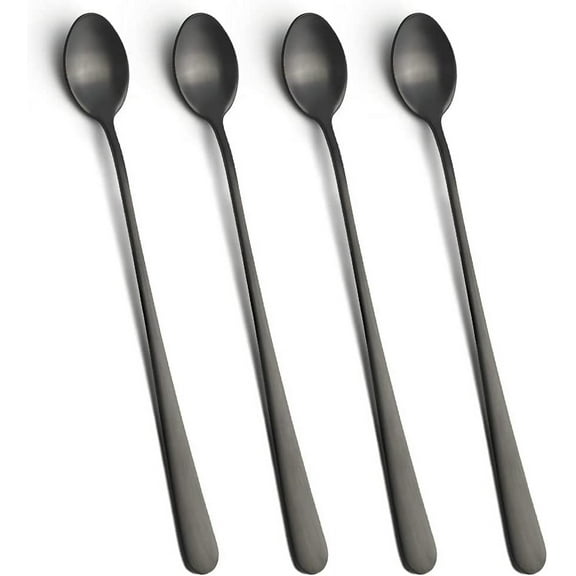 Set of 4 9 Inch Black Stainless Steel Long Handle Ice Tea Spoon Coffee Stirrer Bar Cocktail Spoon