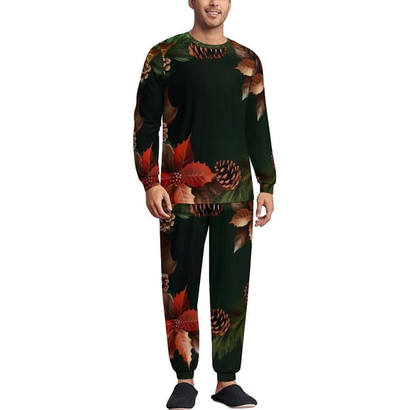 Leaves, Pinecone And Poinsettia. Men's Pajama Set Sleepwear Pjs Lightweight Long Sleeve Crewneck Shirts and Bottoms Soft Comfy Sleep Sets XS