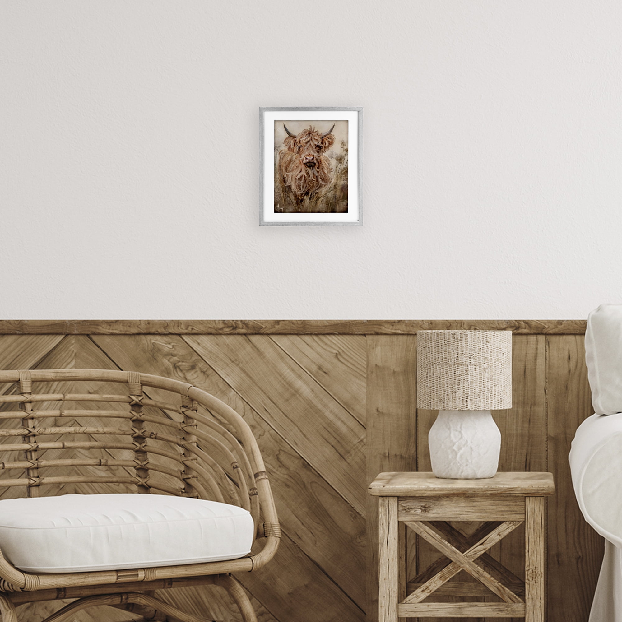Curly Haired Highland Cattle Gray Framed Print Under Glass, design by Ashley Bradley