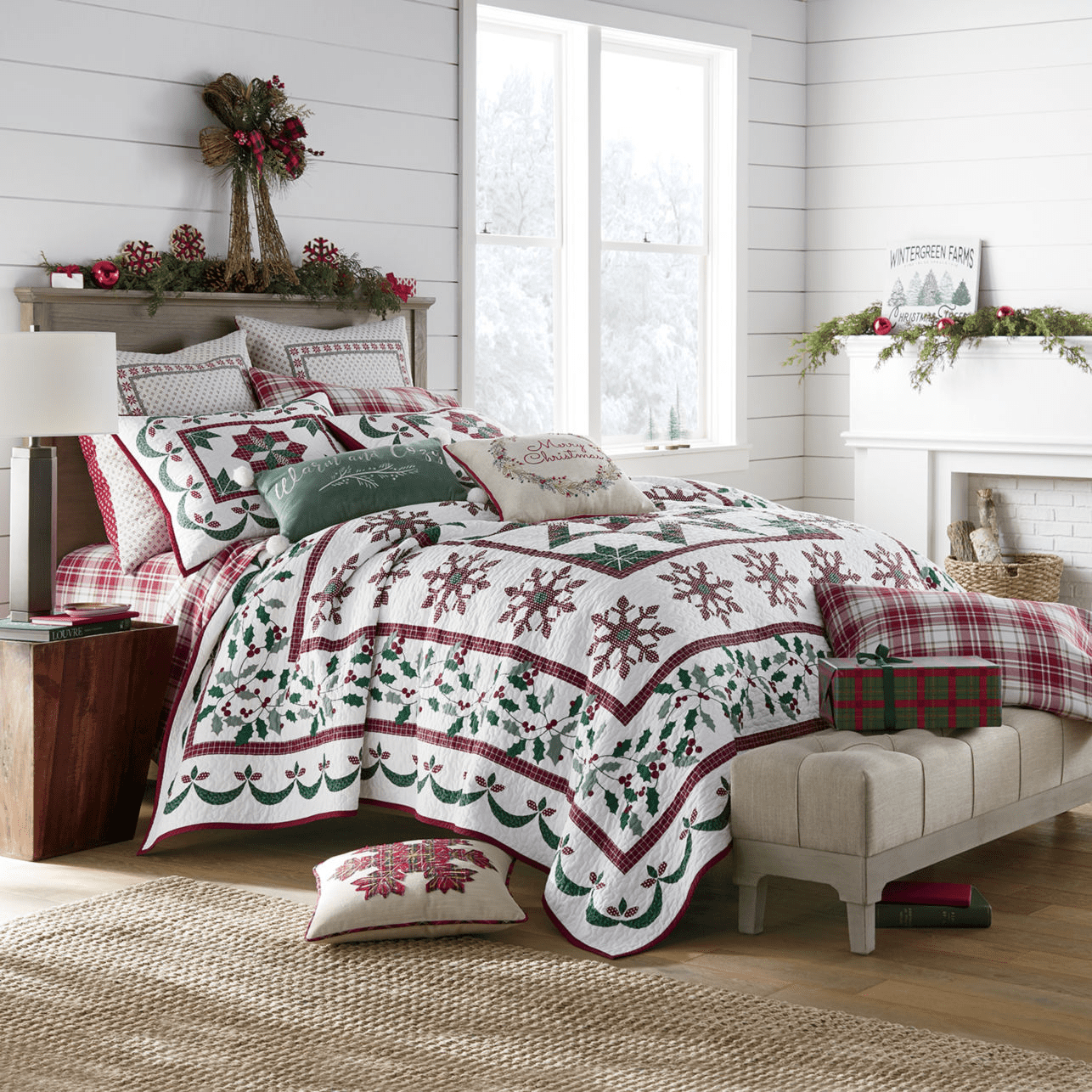 Christmas Farmhouse Red & Green Holidays Snowflakes 100% Cotton Twin ...