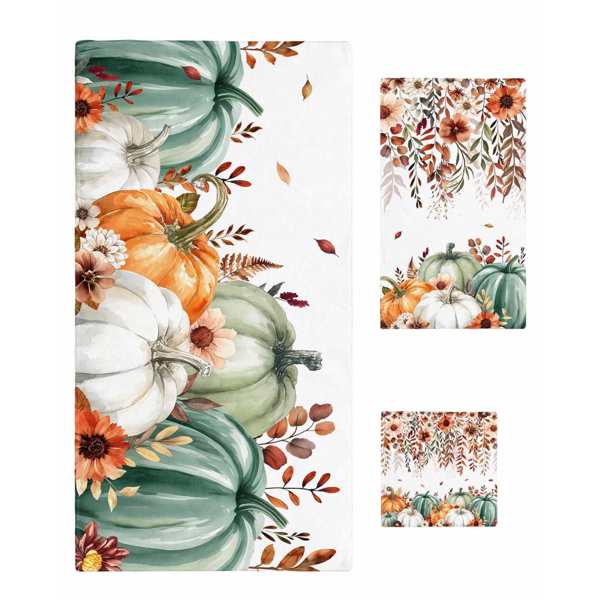 Green Orange Pumpkins Fall Bath Towels for Bathroom Set,Luxury Microfiber Towels Gifts for Women,Quick Dry Beach Hand Hair Face Towel and Dish Washcloth,Floral Botanical Thanksgiving Towels+Set