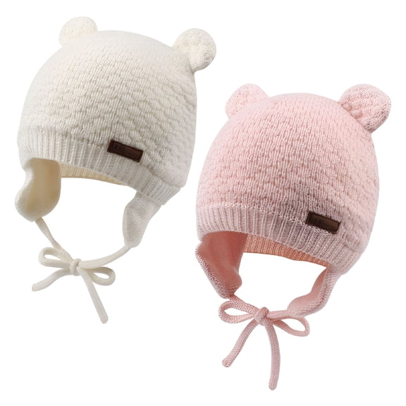 TELOLY Winter Knitted Infant Beanie Baby Girls Boys Earflap Hat with Bear Ears for Toddler Boy (White Pink, L)