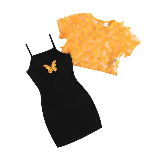 XDZJLR Tenues pour Fillettes Ensemble 2 Pcs Manches Courtes en Maille Transparente Papillon Crop Top Imprimé Dessin Animé Robe Camisole Tenue de Rue Douce 4-5 Ans