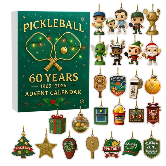 HOXZODT Pickleball 60th Anniversary Advent Calendar, 24 Day Christmas Countdown Box with Acrylic Pickleball Hanging Ornaments