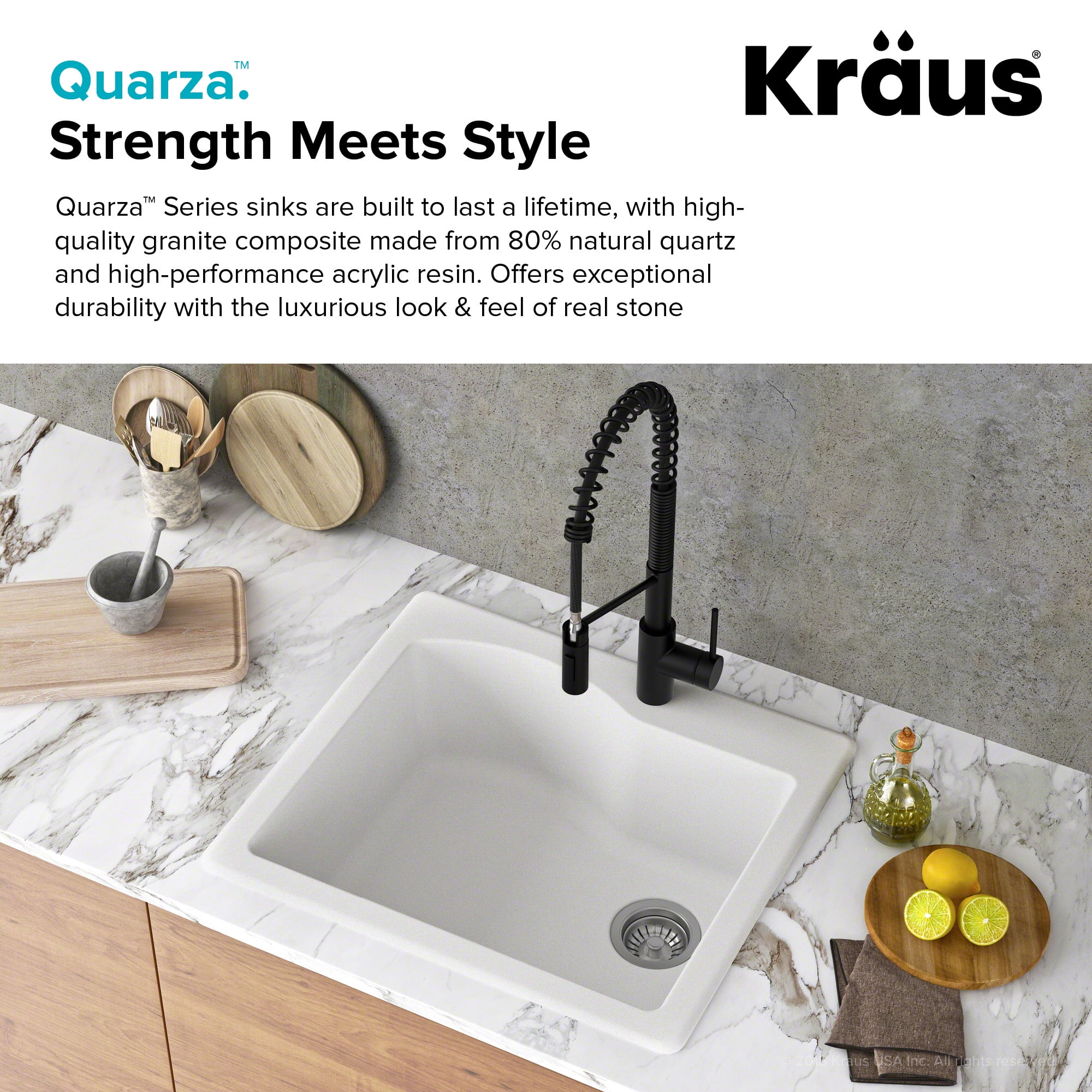KRAUS Quarza 25 inch Dual Mount Single Bowl Granite Kitchen Sink and Strainer in Black