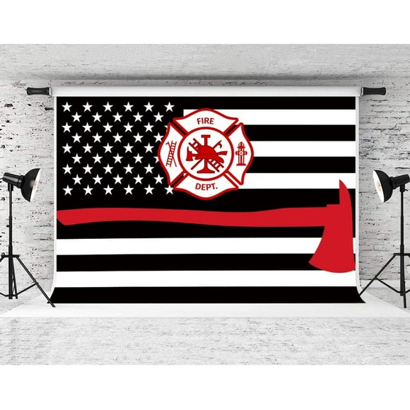 Fire Department Backdrop for Photography, 7x5ft Soft Fabric, American Flags Firefighter Backgrounds, Theme Party Decor