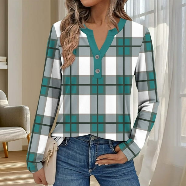 Ailaofu Womens Long Sleeve Tops Fall Button V Neck Graphic Shirts Dressy Casual Henley Tops Women Blouses