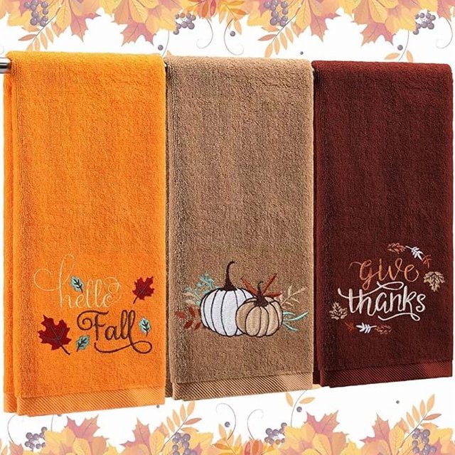 wonima44 3 Pcs Fall Hand Towels for Bathroom 13.8 x 29.5 Inch Autumn Decorative Bath Towels Sets 100% Cotton Embroidered Pumpkin Maple Thanksgiving Bathroom Decor(Orange and Brown,Pumpkin)