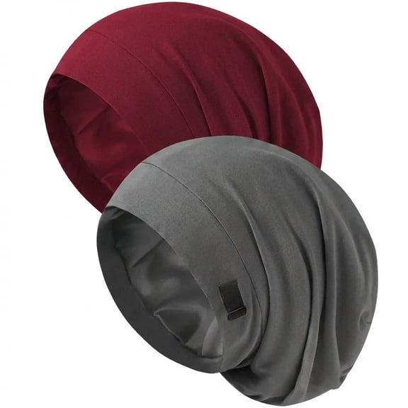 2Pcs Satin Lined Bonnet for Sleeping Women Men, Adjustable Slouchy Beanie Hat - Night Sleep Cap Hair Wrap for Curly & Natural Hair