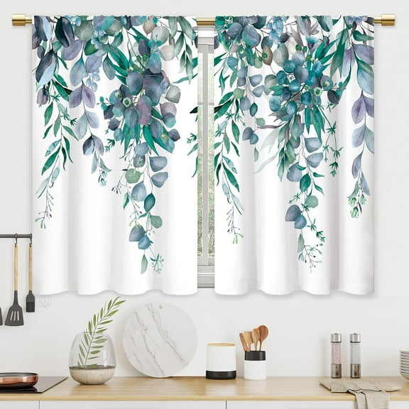 Navy Eucalyptus Botanical Kitchen Curtains Blue Leaves Bathroom Curtains Window Treatment Drapes Tier Flower Spring Floral Cafe Small Bedroom Short French Door Curtains 2 Panels 28x40 Inch
