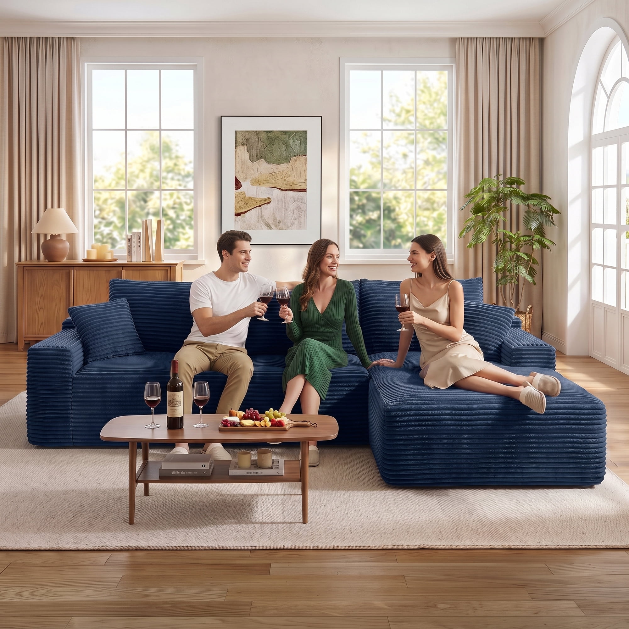 Aukfa 107" Boneless Modular Sectional Sofa, L-Shaped Corduroy Couch with Deep Seat and Right-Facing Chaise for Living Room, Blue