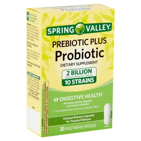Spring Valley Prebiotic Plus Probiotic Dietary Supplement 30 Vegetarian Capsules 2 Billion Active Cultures 10