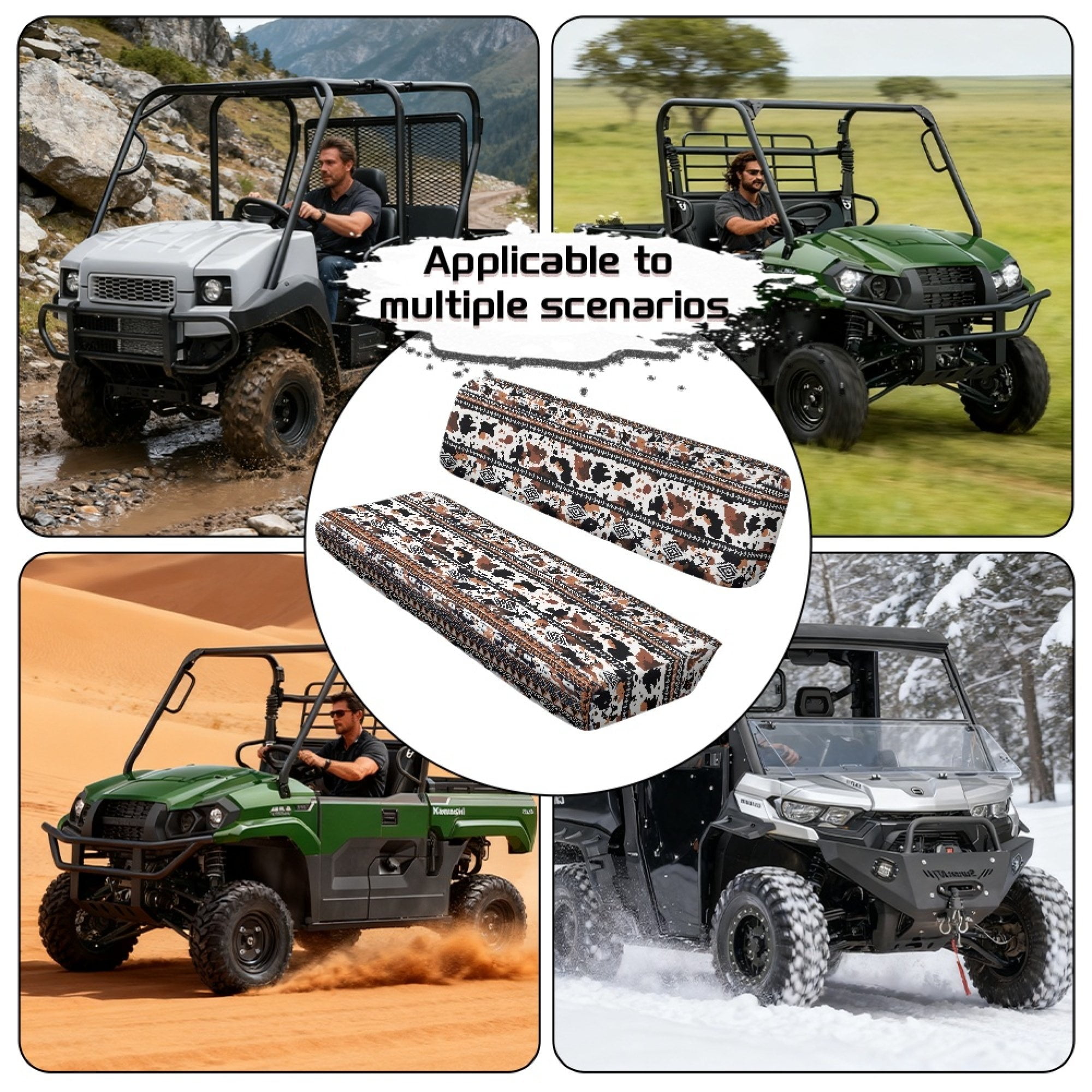 ZIATUBLES 2 Pack Waterproof UTV Seat Covers, Front Bench Seat Protectors Compatible with Kawasaki Mule 4010/3010, Scratch Wear-Resistant UTV Accessory Part(American Tribal Cow Print)