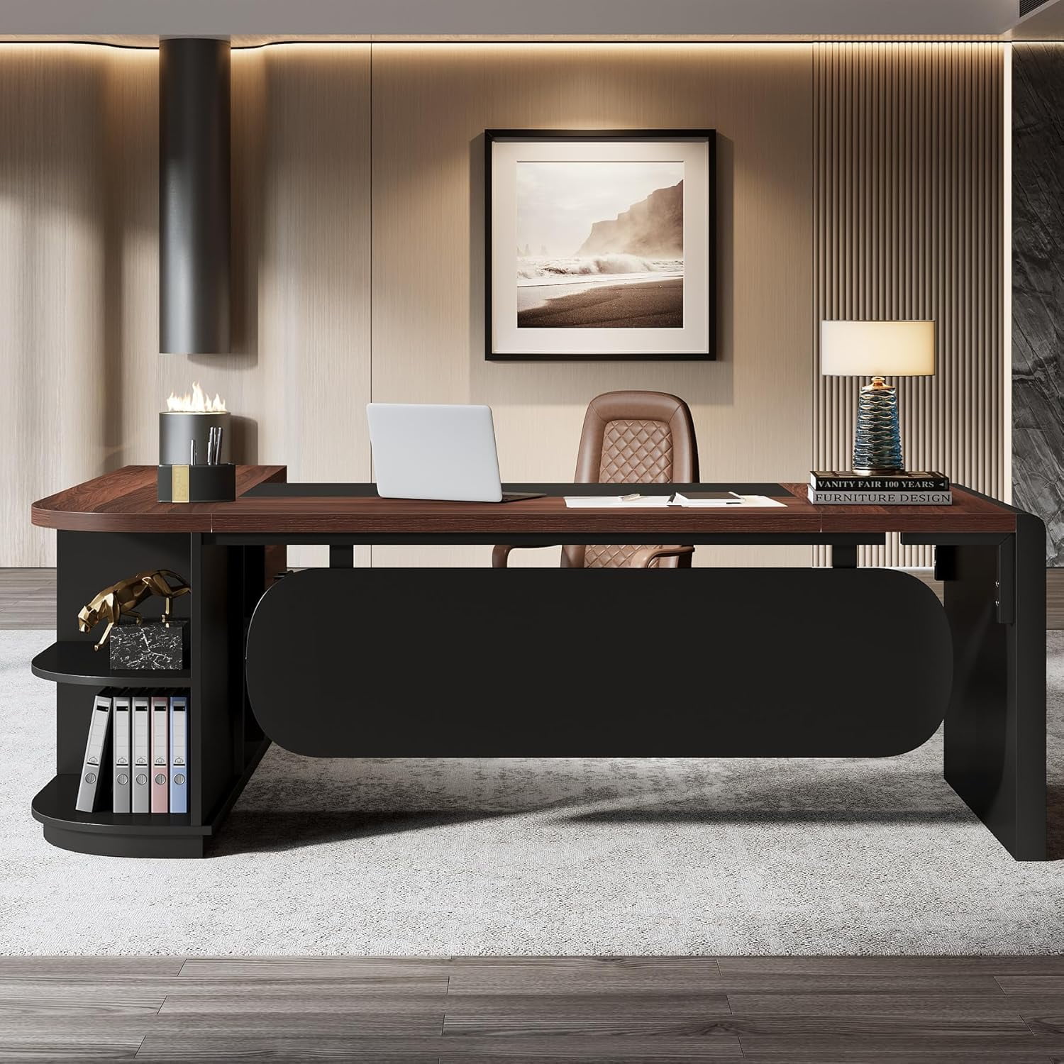 Finmind Executive Desk: 80'' L-Shaped Office Table with 55'' Cabinet, Large Workspace with Storage Drawers & Shelves, Sturdy Business Furniture for Home Office, Walnut & Black