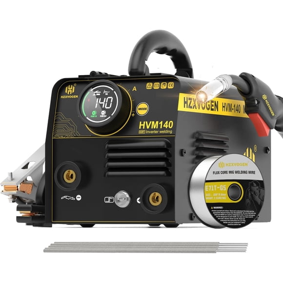 H HZXVOGEN 140A 3-in-1 MIG Welder, 110V/220V Dual Voltage Gasless Flux Core/Lift TIG/Stick Welding Machine with Synergic Control, IGBT Inverter for Beginners