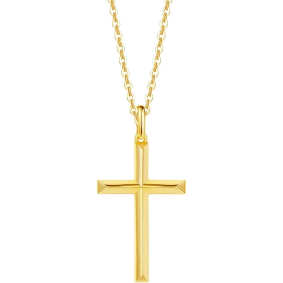FANCIME 925 Sterling Silver Beveled Cross Pendant Necklace for Women, Yellow Gold Plated with 18" Chain