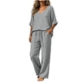 thumbnail image 2 of Mifsaly Linen 2 Piece Set for Women V Neck Short Sleeve Loose Tops and Flowy Wide Leg Trousers with Pockets Lightweight Casual Office Vacation Matching Outfits Gray,XXL, 2 of 7