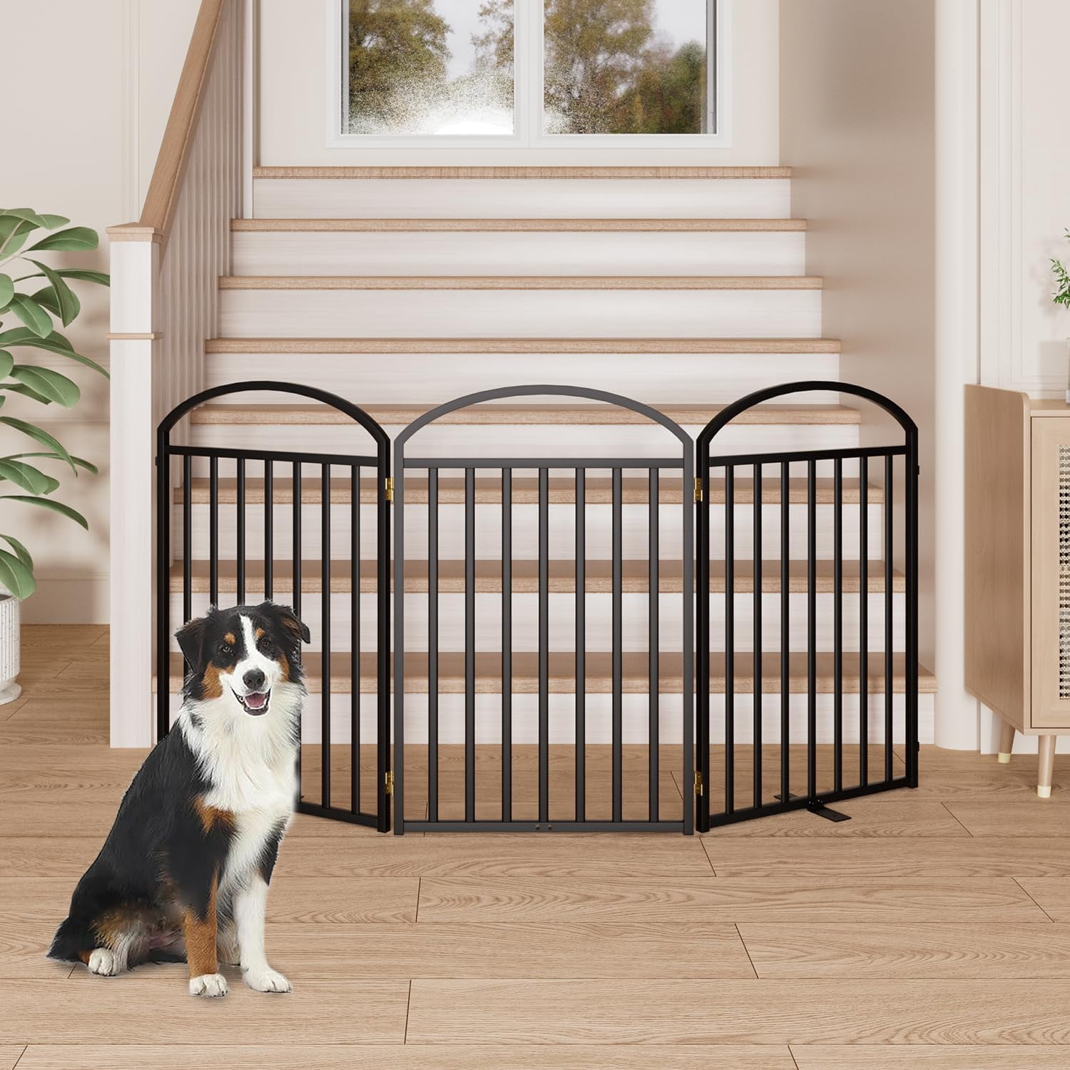 4 Panels Full Matel Freestanding Dog Gates with Door, 96"Extra Wide 32"Tall Free Standing Dog Pet Gate for Indoor & Outdoor. Foldable Pet Fences for Doorways, House, Stairs, Porch, Deck, Yard