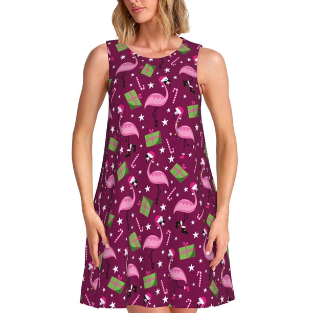 Fotbe Festive Flamingos Vestido de Verano sin Mangas para Mujer – Vestido Midi Línea A, Estilo Camiseta Floral, Vestido Playero Casual y Fluido