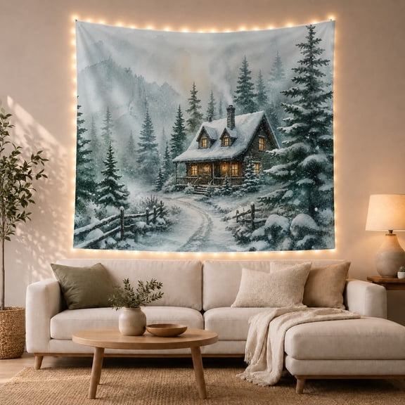 Snowy Forest Cabin in Winter with Warm Light, Cozy Rustic for Home Decor Enthusiasts, Cabin Wall Art Print, Christmas Gift Tapestry Wall Hanging for Bedroom and Living Room