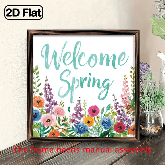 2D Flat - Welcome Spring Wooden Frame Sign Floral Watercolor Theme, Romantic Style, Multipurpose Decorative Plaque for Bedroom, Living Room, Kitchen, Easy-to-Hang, Perfect Home Decor Accent, 8x8 I