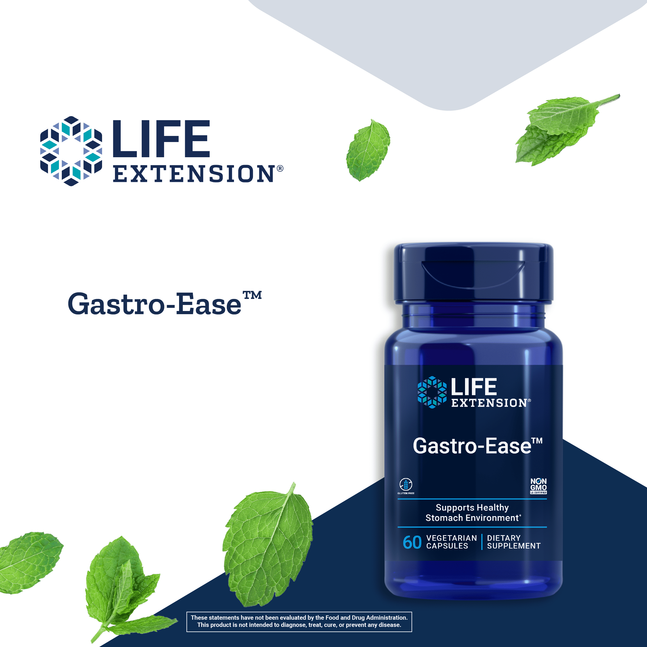Life Extension Gastro-Ease™, zinc L-carnosine, Pylopass™ Lactobacillus reuteri probiotics, digestion supplement, gut health, stomach comfort, gluten-free, non-GMO, vegetarian, 60 capsules