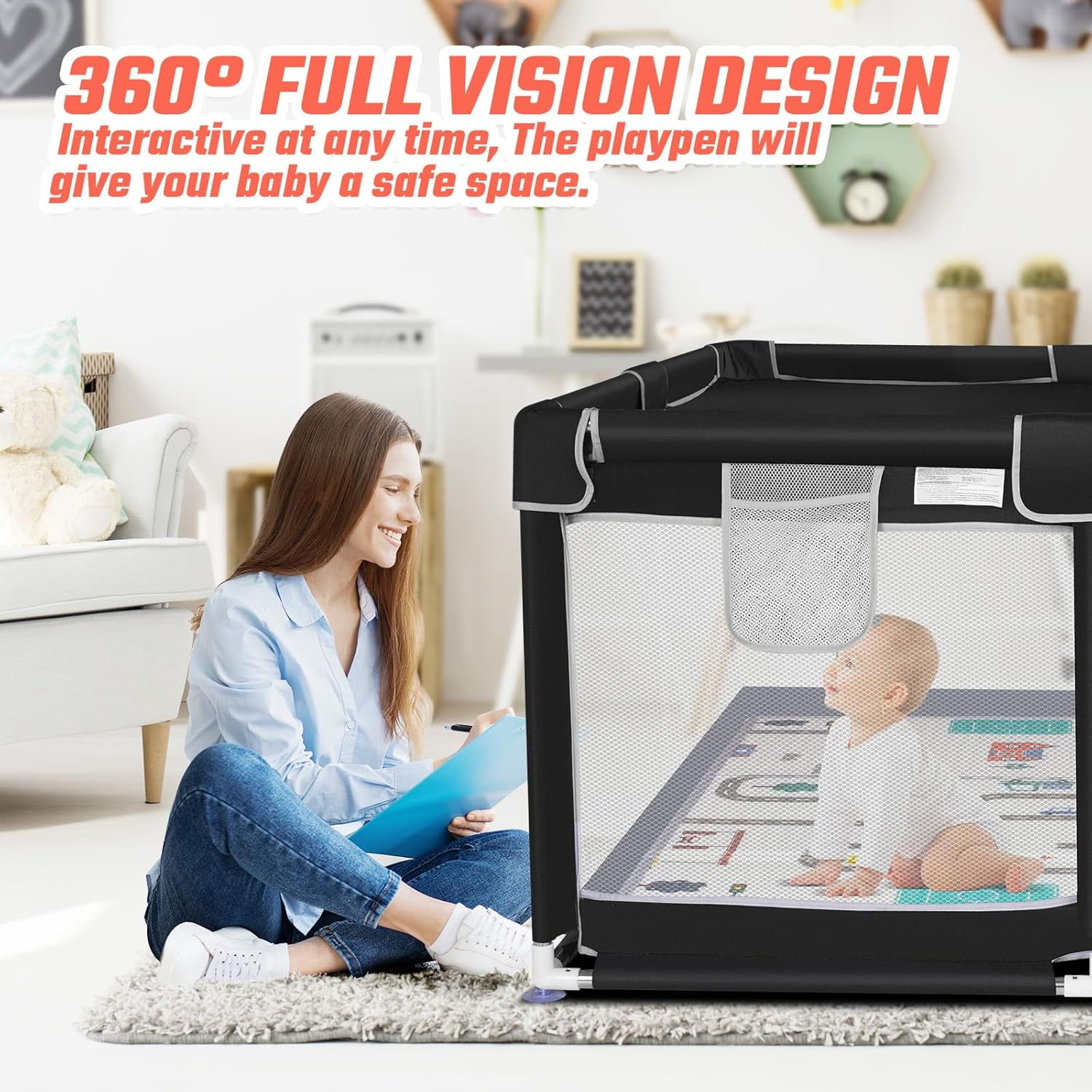 kmaier Baby Playpen, Large Indoor and Outdoor Play Yards, 360° Visibility , for Toddler-Black