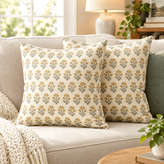 GlamourGaze Set of 2 18x18 Vintage Floral Pillow Covers - Botanical Print Cushion Cases for Sofa, Couch, Bed, Farmhouse Rustic Home Decor