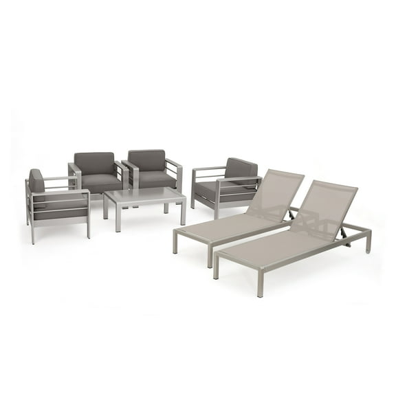 Miller Outdoor 4 Piece Club Chair Set with 2 Chaise Lounges and a Table, Khaki, Grey, Silver