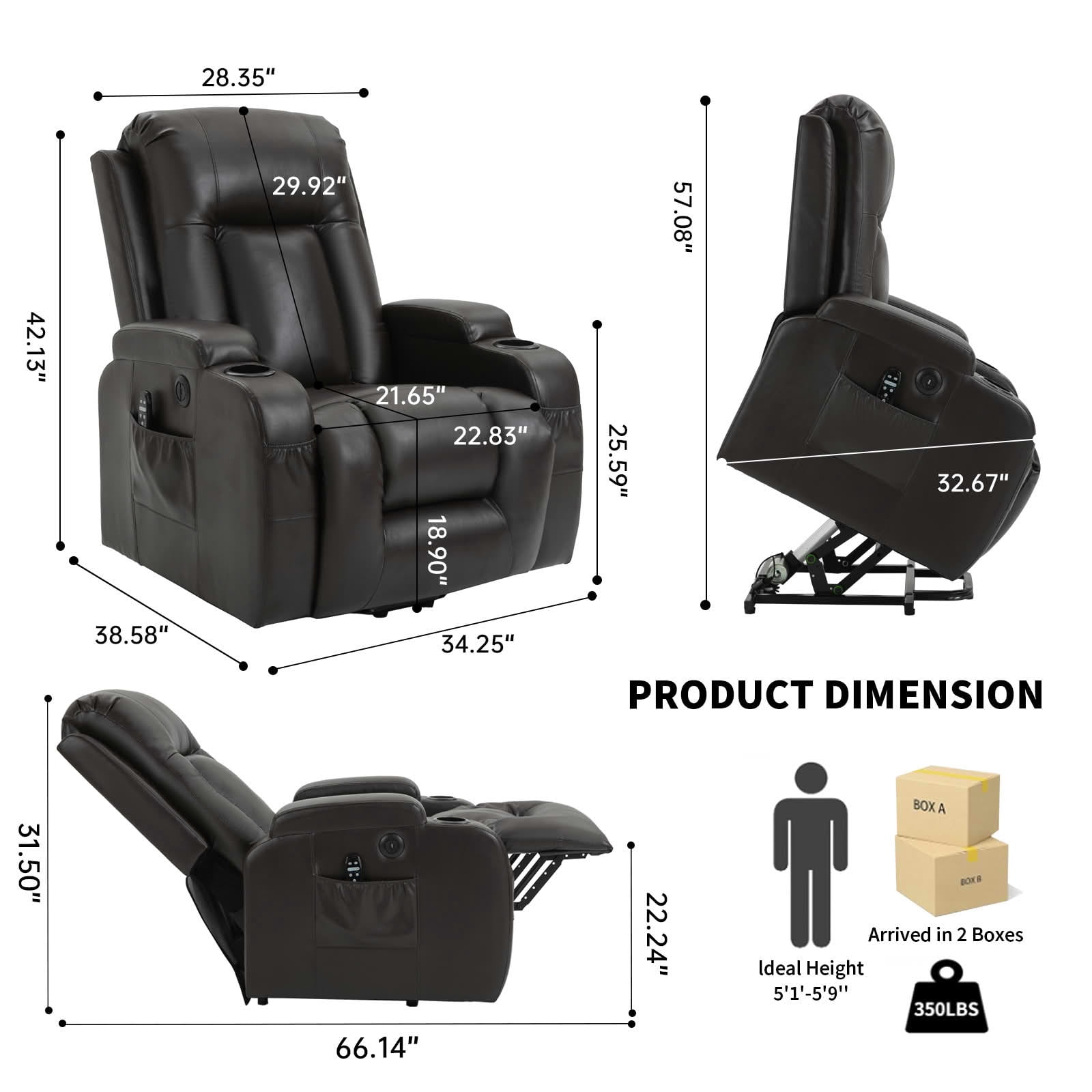 MAYEERTY Blue Chenille Power Lift Recliner, 350lbs Massage Heat USB-C Cup Holders 35"x29"x43"
