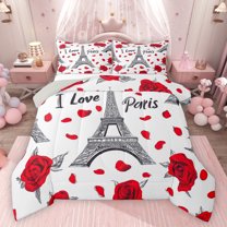 Homewish Paris Eiffel Tower Full Size Comforter Sets 3-Piece for Teenagers,Chic Floral Flower Rose Bedding Comforter Set,Happy Valentine'S Day Lightweight Bedding Sets,Luxury Bedroom Decor