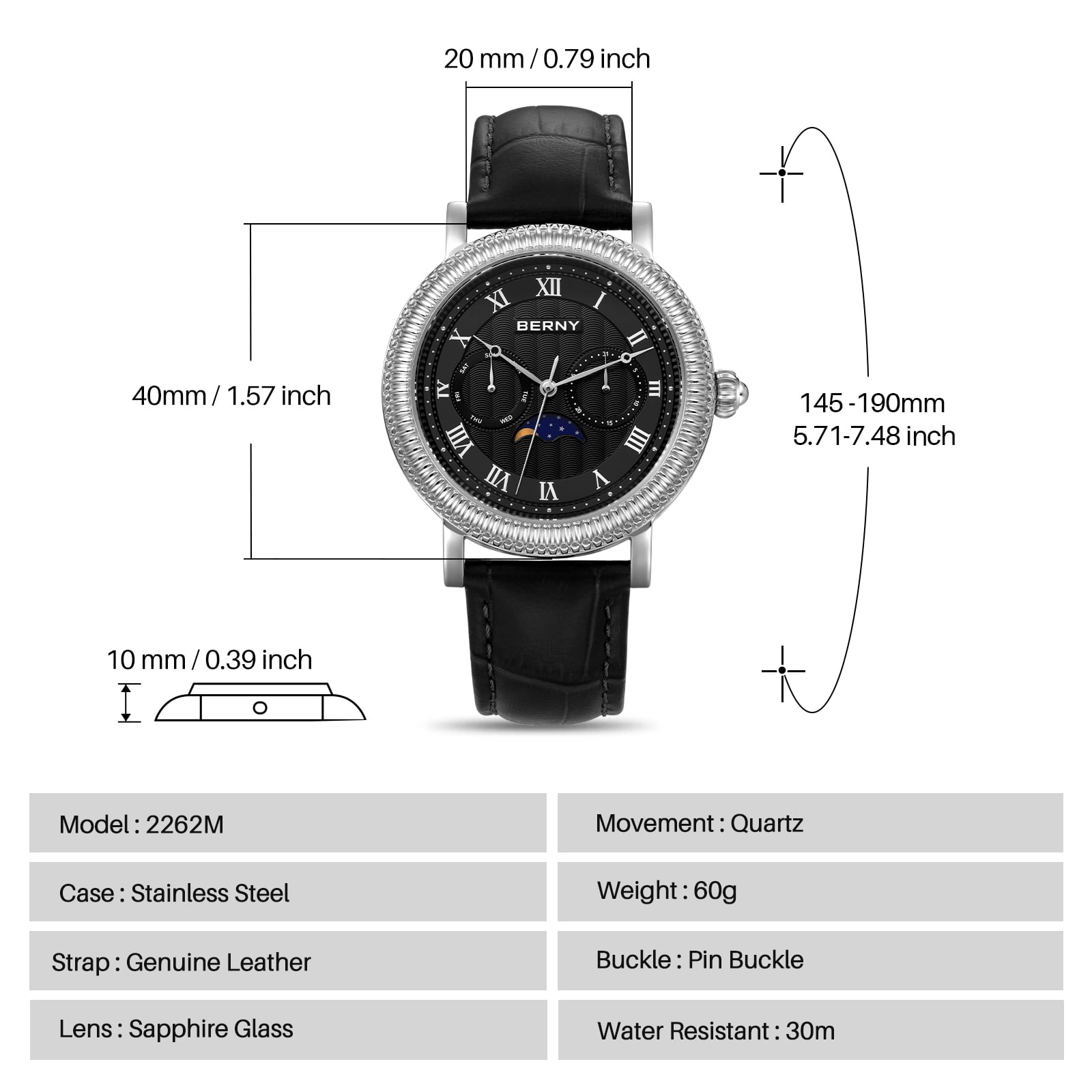 BERNY Mens Leather Watch, Vintage Roman Numerals Moon Phase Dress Watch with Day & Date, Stainless Steel, Sapphire Crystal, Waterproof, Fashion Luxury Analog Quartz Wrist Watches for Men (Silver)