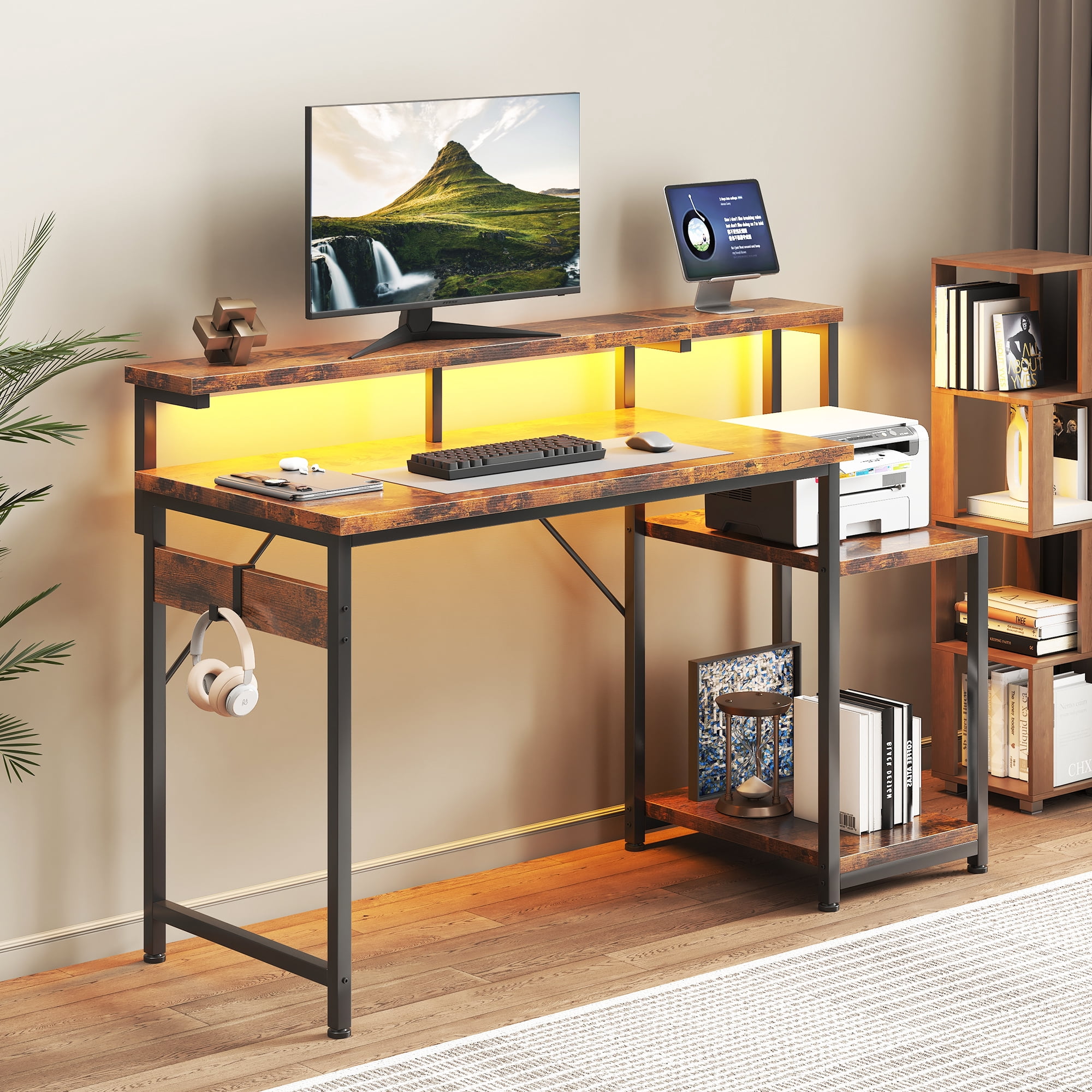 Casacomoda 48 Inch Computer Desk with Monitor Stand & LED Lights, Home Office Desk with Adjustable Storage Shelf & CPU Stand, Vintage
