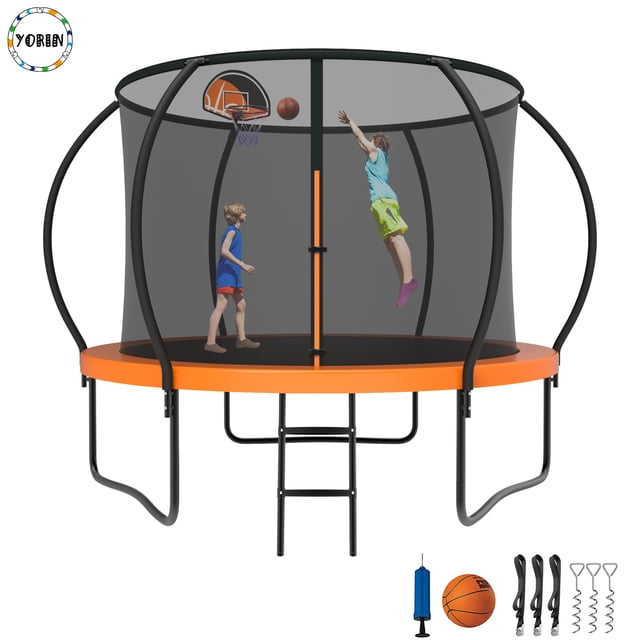 YORIN Trampoline pour 2-3 Enfants, Trampoline de 8 Pi pour Adultes avec Filet d'Enceinte, Panier de Basketball, Échelle, Capacité de Poids de 800 Lb, Trampoline Récréatif Extérieur, Trampoline Robuste
