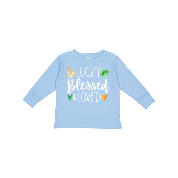 Inktastic Lucky Blessed and Loved Horseshoe Clover Hearts Boys or Girls Long Sleeve Toddler T-Shirt