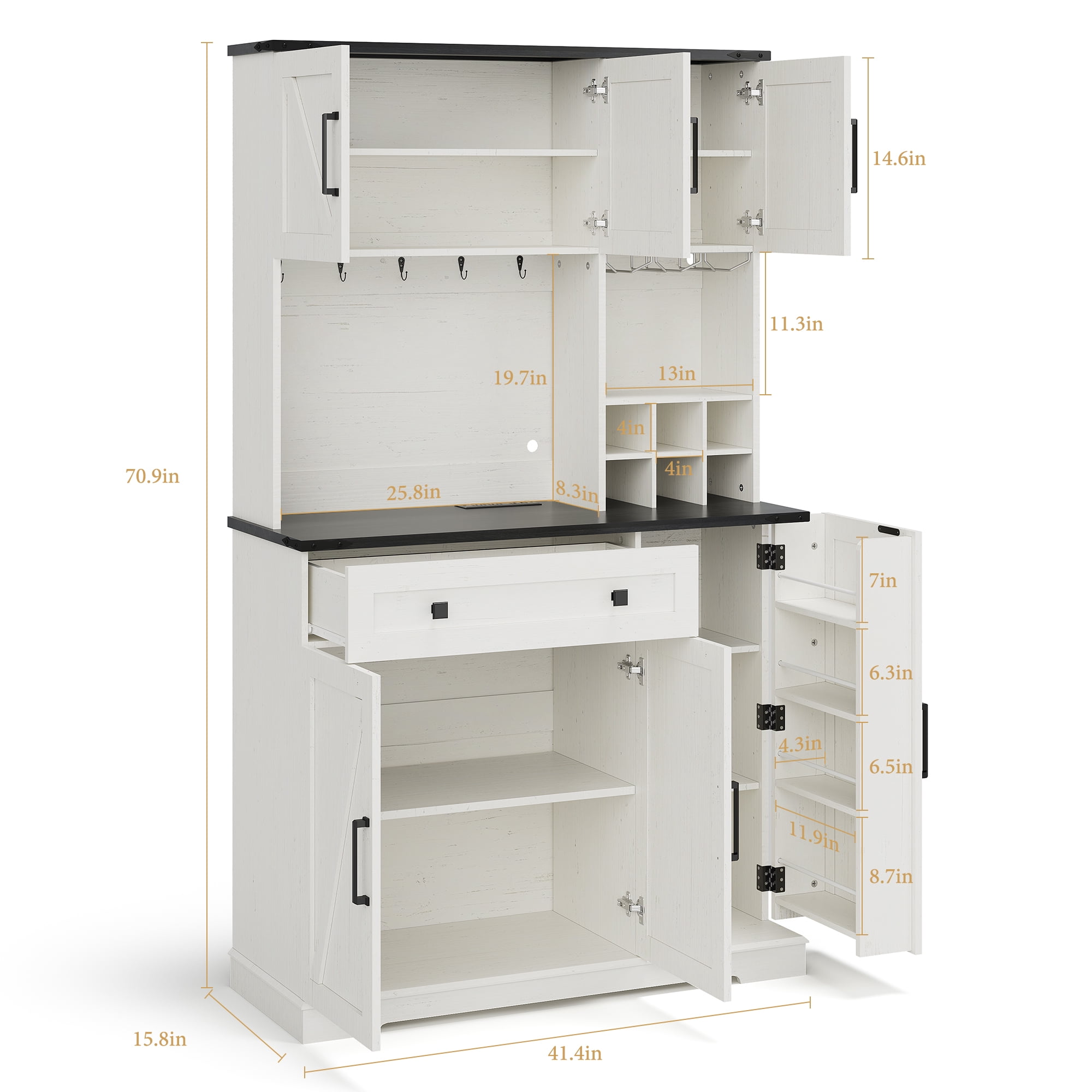 Neche 71" Kitchen Pantry Cabinet, Tall Storage Cabinet with Charging Station, LED Light, Microwave Stand, Drawers, Wine Rack, Farmhouse Hutch for Dining Room, White