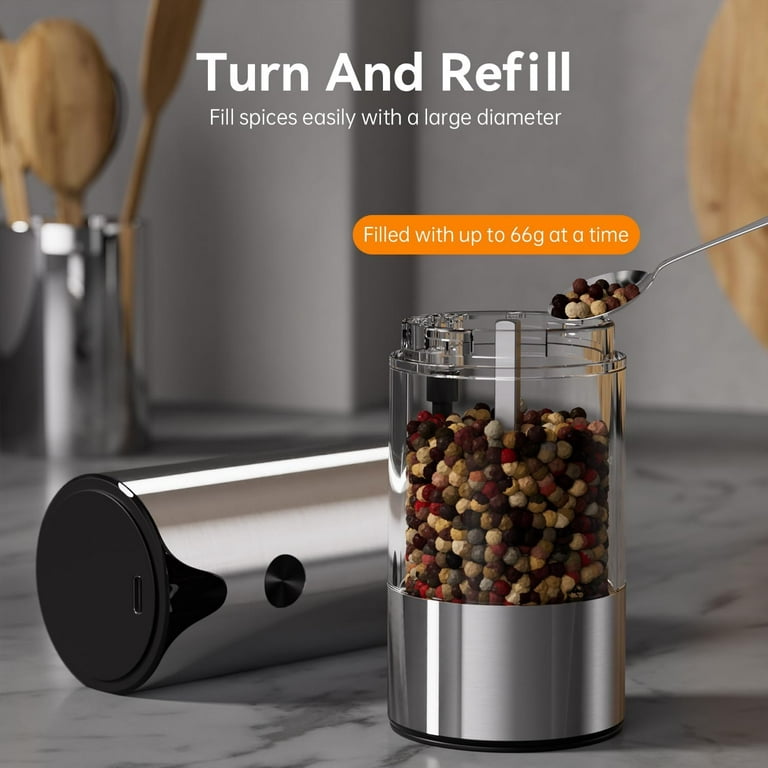 Tomeem Electric Salt and Pepper Grinder Set Enhanced Capacity Stainless Steel Salt and Pepper Shakers Electric with Lights, Silver