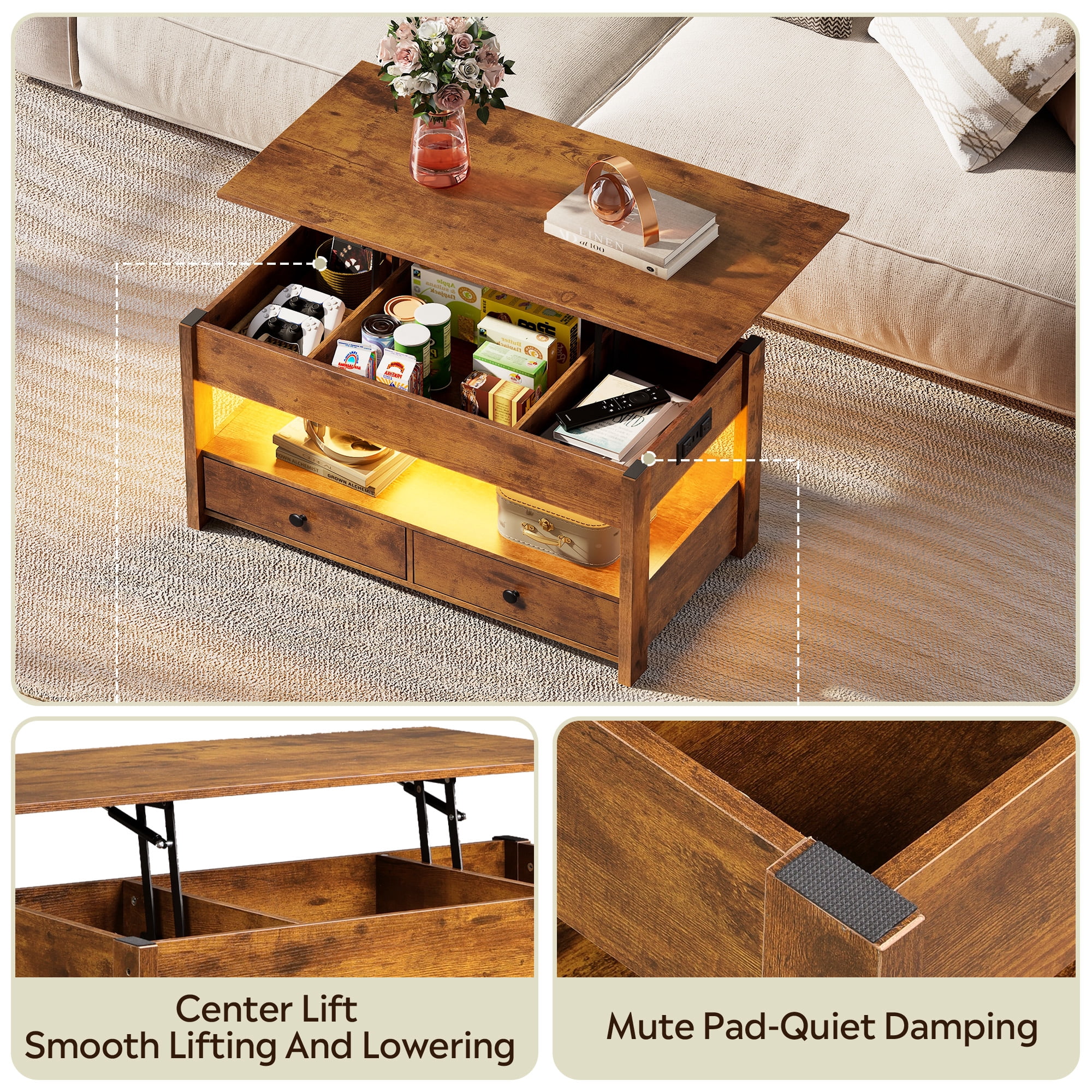 GALAXHERO Lift Top Coffee Table for Living Room Table with 2 Drawers & LED Light & Large Storage and Open Shelf Rustic Brown