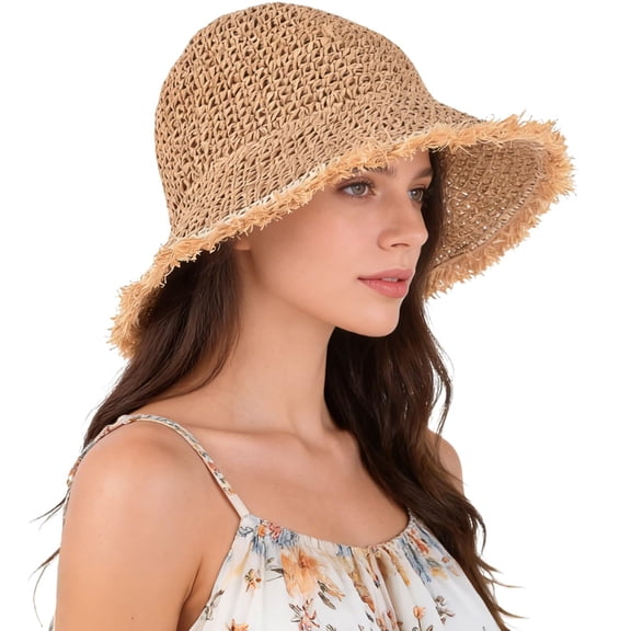 1 PC Women's Straw Bucket Hat - UV Protection Lightweight Packable Sun Hat for Outdoor Beach Travel Hiking