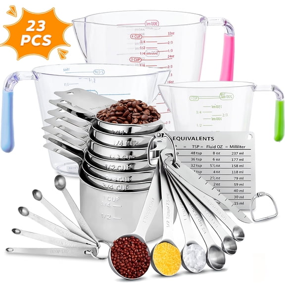 Lumikrypt 23Pcs Measuring Cups and Spoons Set, Stainless Steel Nesting Measuring Cups Spoons with Plastic Measuring Cup for Dry and Liquid Ingredients, Measurement Conversion Chart Fridge Magnet