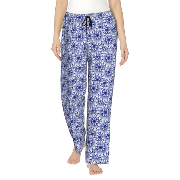 Balery Blue And White Flowers Pantalones de pijama para mujer, pijamas ultraligeros, pantalones de estar por casa-Large