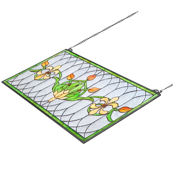 KFFKFF Stained Glass Window Panel, 32 x 17 in, Tiffany-Inspired Hanging Transom with Chain, Horizontal Rectangle Design, Classic Handcrafted Artwork for Kitchen and Home Decoration