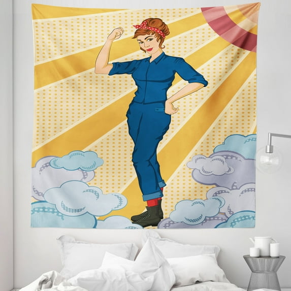 Feminist Tapestry, Concept of Retro Powerful Woman Showing Fist We Can Do It Graphic Image Print, Fabric Wall Hanging Decor for Bedroom Living Room Dorm, 5 Sizes, Multicolor, by Ambesonne