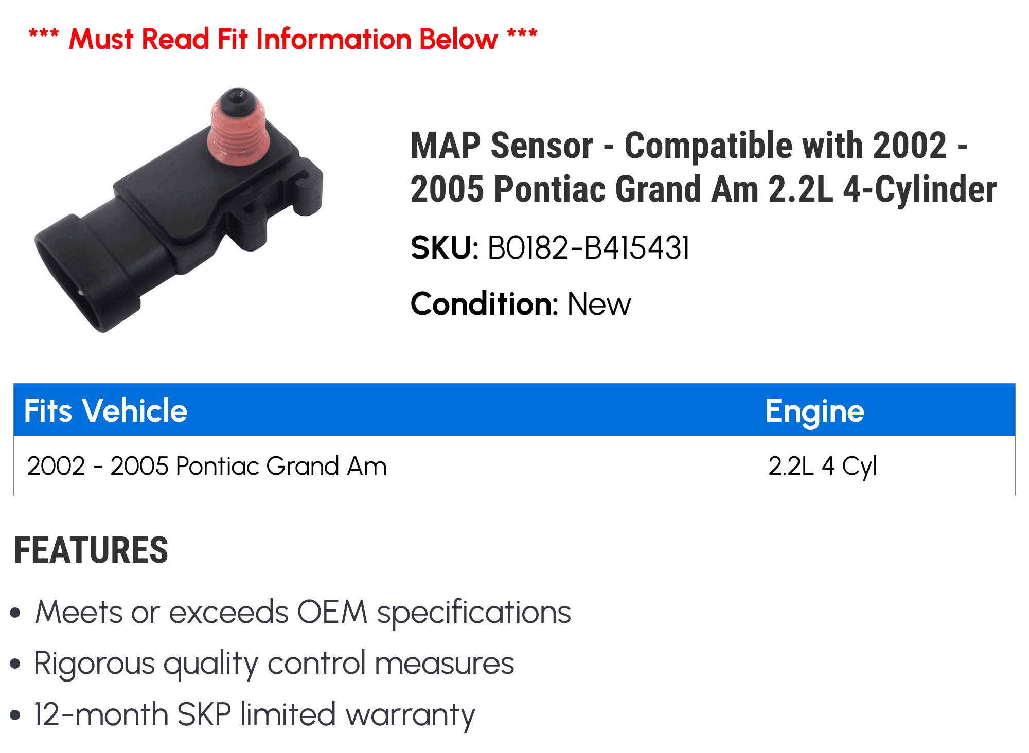 MAP Sensor - Compatible with 2002 - 2005 Pontiac Grand Am 2.2L 4-Cylinder 2003 2004