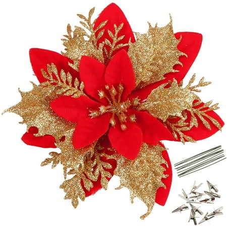 Doingart 20pcs Christmas Poinsettia Flowers Ornaments Glitter Floral Accessories with Clips and Stems Xmas Tree Wreath Decorations for Party Home Wedding, 5.2in